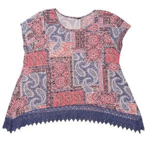 Y2K Patchwork Red Paisley Top Blouse Women’s XL Shirt Fringe 90s Boho Cottage